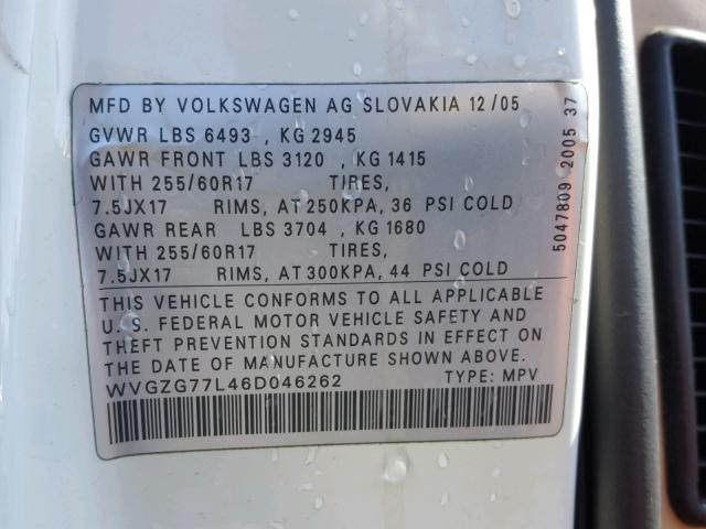 WVGZG77L46D046262 - 2006 VOLKSWAGEN TOUAREG 3. WHITE photo 10