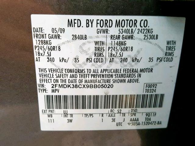 2FMDK38CX9BB05020 - 2009 FORD EDGE SEL CHARCOAL photo 10