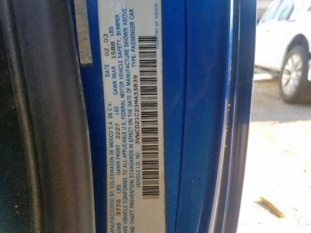 3VWCD21C23M433839 - 2003 VOLKSWAGEN NEW BEETLE ლურჯი ფოტო 10