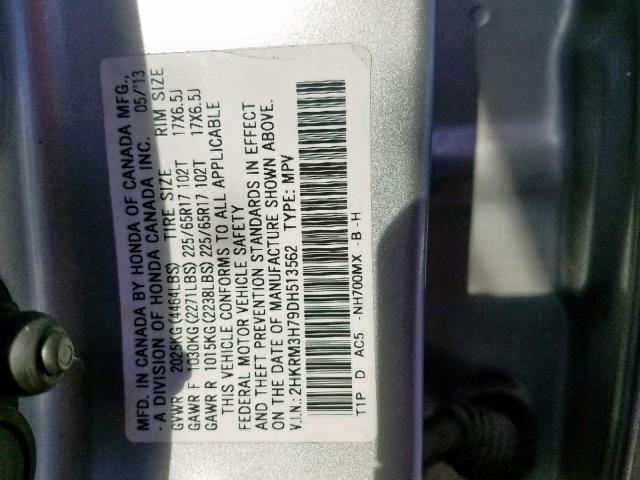 2HKRM3H79DH513562 - 2013 HONDA CR-V EXL SILVER photo 10