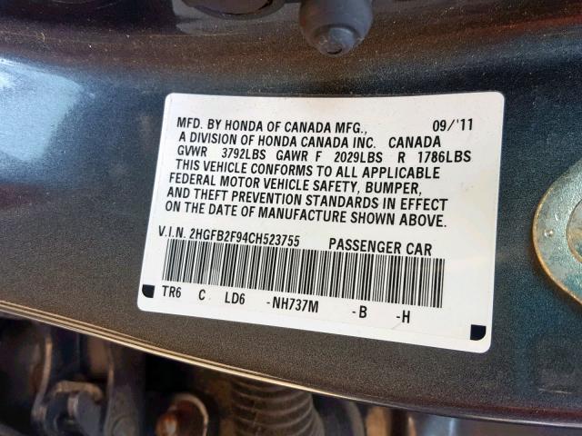 2HGFB2F94CH523755 - 2012 HONDA CIVIC EXL 灰色 照片 10