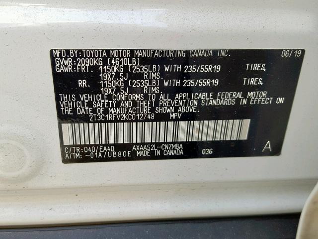 2T3C1RFV2KC012748 - 2019 TOYOTA RAV4 XLE P WHITE photo 10