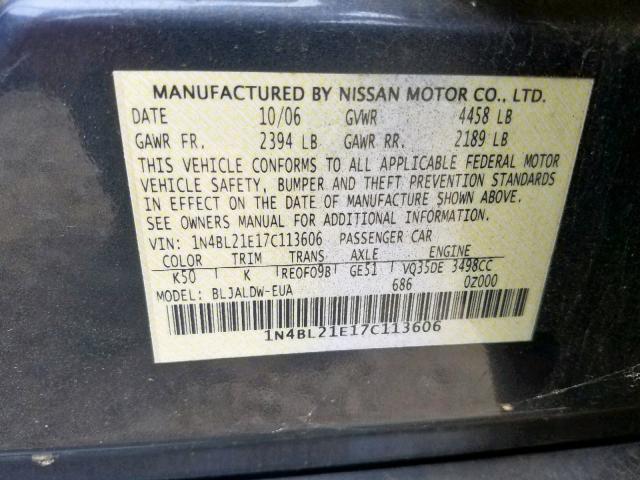 1N4BL21E17C113606 - 2007 NISSAN ALTIMA 3.5 GRAY photo 10