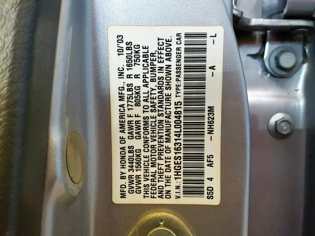 1HGES16314L004815 - 2004 HONDA CIVIC DX V SILVER photo 10