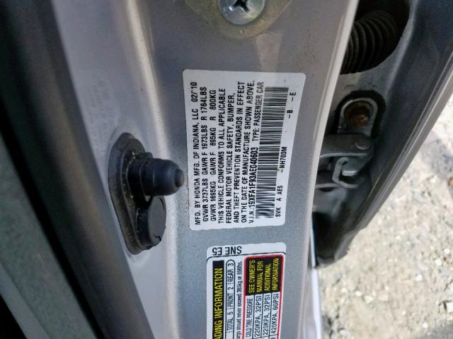 19XFA1F93AE040603 - 2010 HONDA CIVIC EXL 银色 照片 10