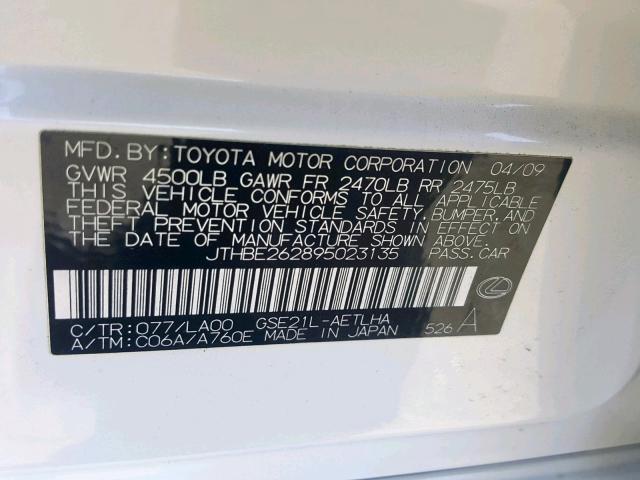 JTHBE262895023135 - 2009 LEXUS IS 350 WHITE photo 10