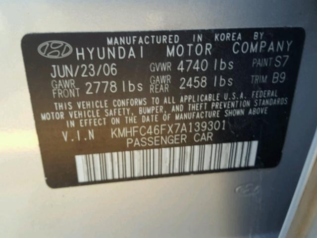 KMHFC46FX7A139301 - 2007 HYUNDAI AZERA SE SILVER photo 10