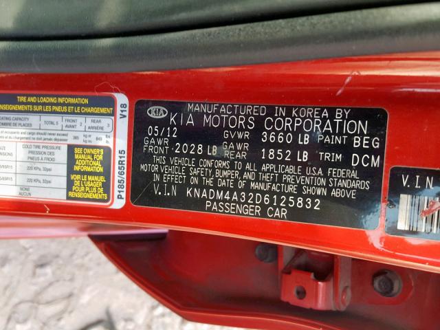 KNADM4A32D6125832 - 2013 KIA RIO LX RED photo 10