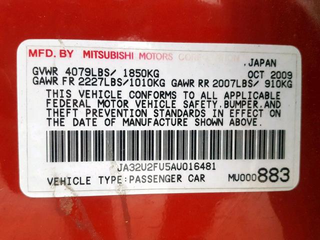 JA32U2FU5AU016481 - 2010 MITSUBISHI LANCER ES/ RED photo 10