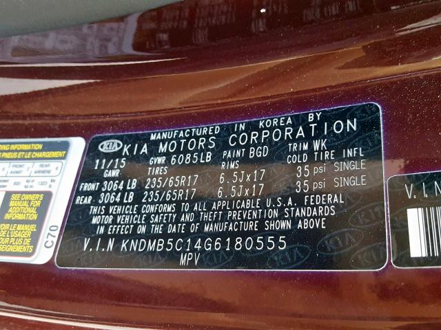 KNDMB5C14G6180555 - 2016 KIA SEDONA LX BURGUNDY photo 10