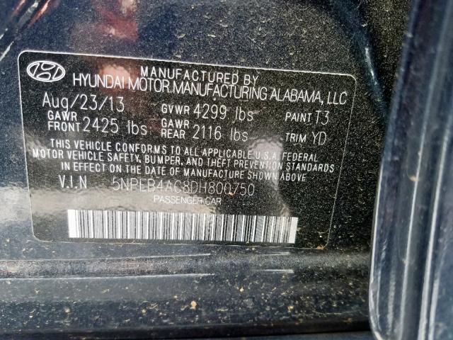 5NPEB4AC8DH800750 - 2013 HYUNDAI SONATA GLS BLACK photo 10