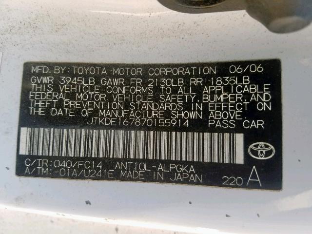 JTKDE167870155914 - 2007 TOYOTA SCION TC WHITE photo 10