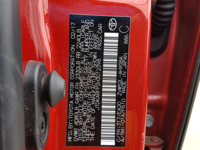 JTDKARFP2H3012398 - 2017 TOYOTA PRIUS PRIM RED photo 10