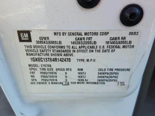 1GKEC13T64R142478 - 2004 GMC YUKON WHITE photo 10