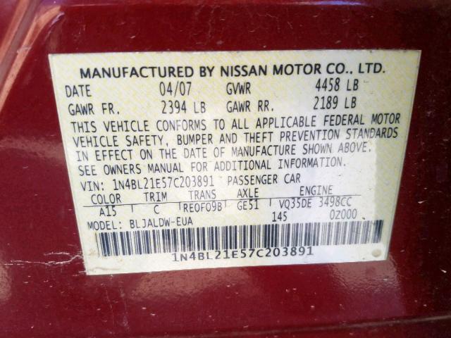 1N4BL21E57C203891 - 2007 NISSAN ALTIMA 3.5 BURGUNDY photo 10