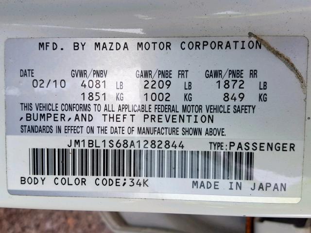 JM1BL1S68A1282844 - 2010 MAZDA 3 S WHITE photo 10