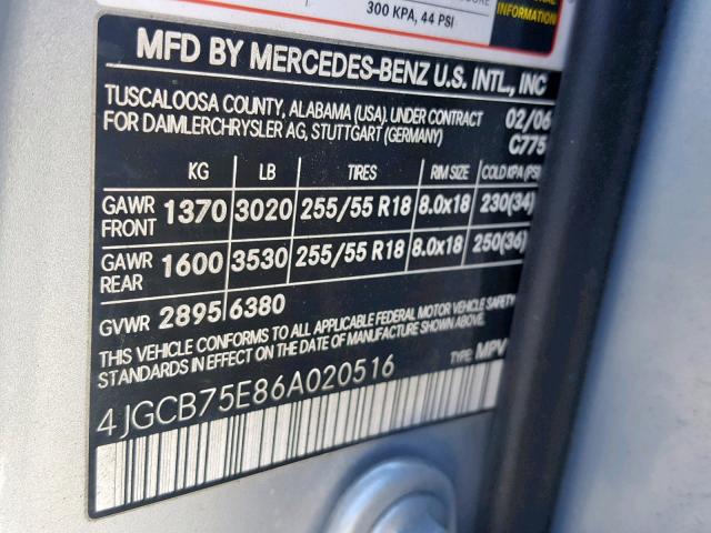 4JGCB75E86A020516 - 2006 MERCEDES-BENZ R 500 SILVER photo 10