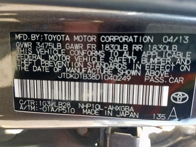 JTDKDTB38D1040249 - 2013 TOYOTA PRIUS C GRAY photo 10