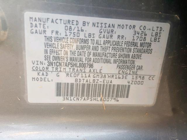 3N1CN7AP5HL800796 - 2017 NISSAN VERSA S GRAY photo 10