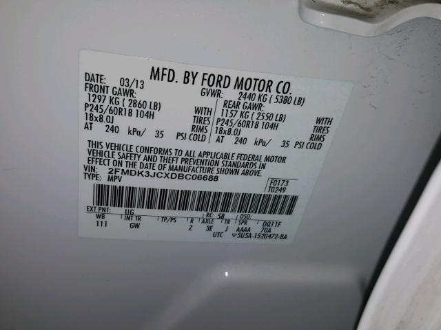 2FMDK3JCXDBC06688 - 2013 FORD EDGE SEL WHITE photo 10