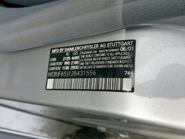 WDBJF65J12B431556 - 2002 MERCEDES-BENZ E 320 SILVER photo 10