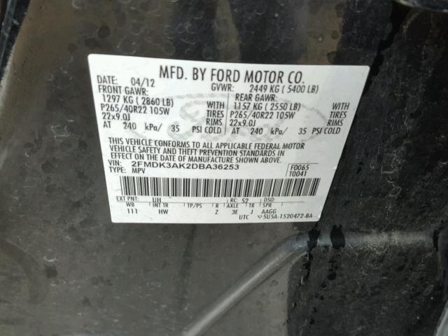 2FMDK3AK2DBA36253 - 2013 FORD EDGE SPORT BLACK photo 10