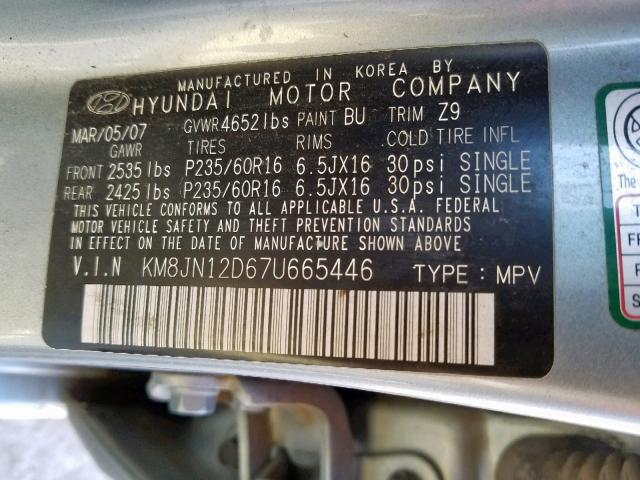 KM8JN12D67U665446 - 2007 HYUNDAI TUCSON SE BLUE photo 10