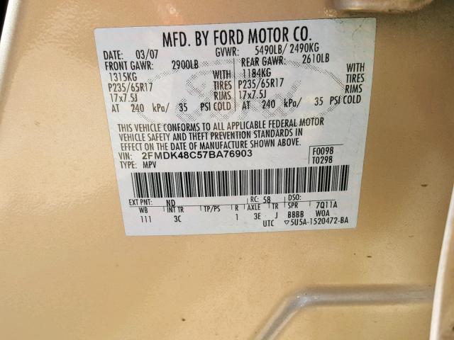 2FMDK48C57BA76903 - 2007 FORD EDGE SEL BEIGE photo 10