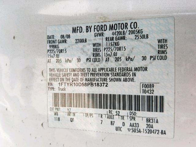 1FTYR10D58PB18372 - 2008 FORD RANGER WHITE photo 10