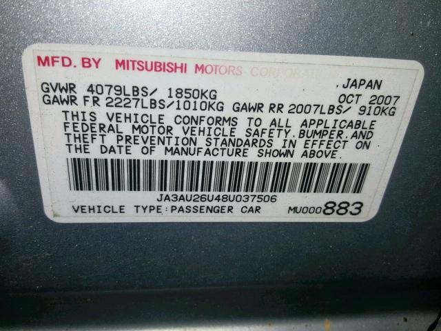 JA3AU26U48U037506 - 2008 MITSUBISHI LANCER ES SILVER photo 10