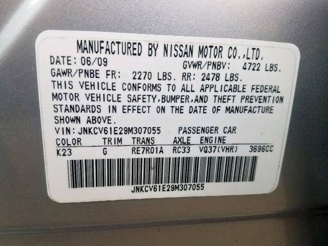 JNKCV61E29M307055 - 2009 INFINITI G37 BASE SILVER photo 10