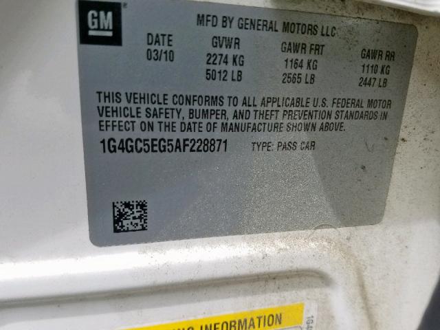 1G4GC5EG5AF228871 - 2010 BUICK LACROSSE C WHITE photo 10