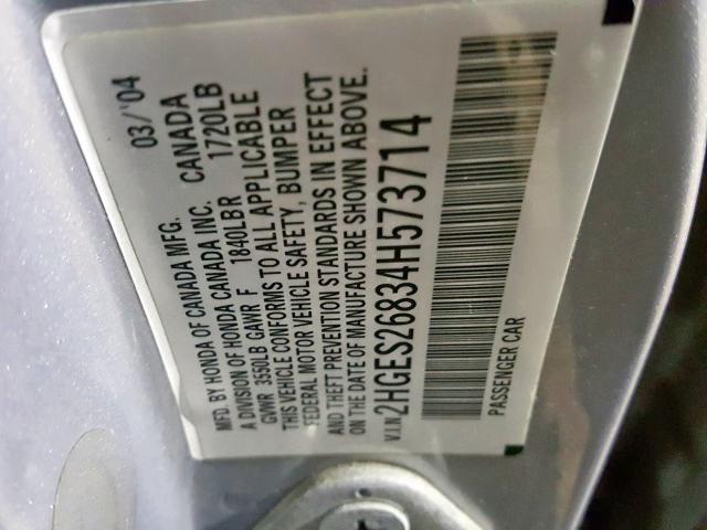 2HGES26834H573714 - 2004 HONDA CIVIC EX SILVER photo 10