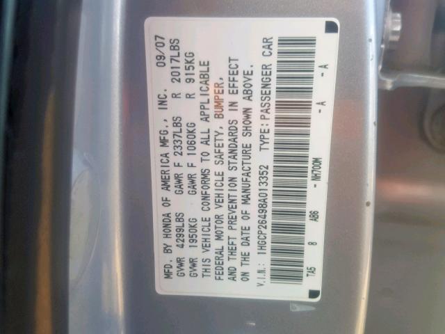 1HGCP26498A013352 - 2008 HONDA ACCORD LXP SILVER photo 10