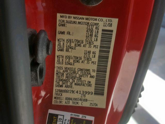 5Z6BD06T29C413999 - 2009 SUZUKI EQUATOR BA RED photo 10