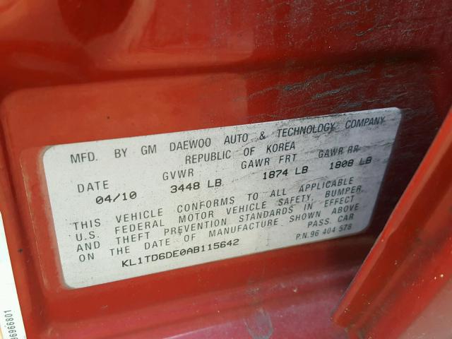 KL1TD6DE0AB115642 - 2010 CHEVROLET AVEO LS RED photo 10