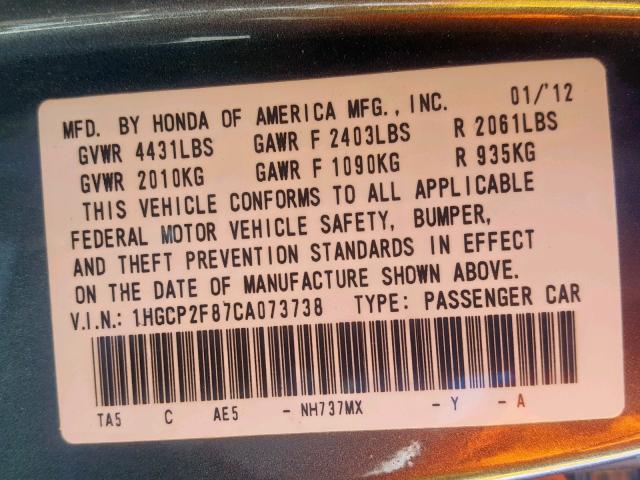 1HGCP2F87CA073738 - 2012 HONDA ACCORD EXL GRAY photo 10