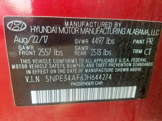 5NPE34AF6JH644274 - 2018 HYUNDAI SONATA SPO RED photo 10