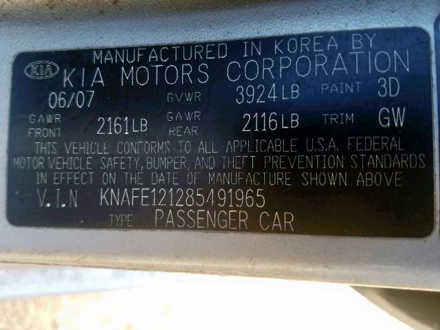 KNAFE121285491965 - 2008 KIA SPECTRA EX SILVER photo 10