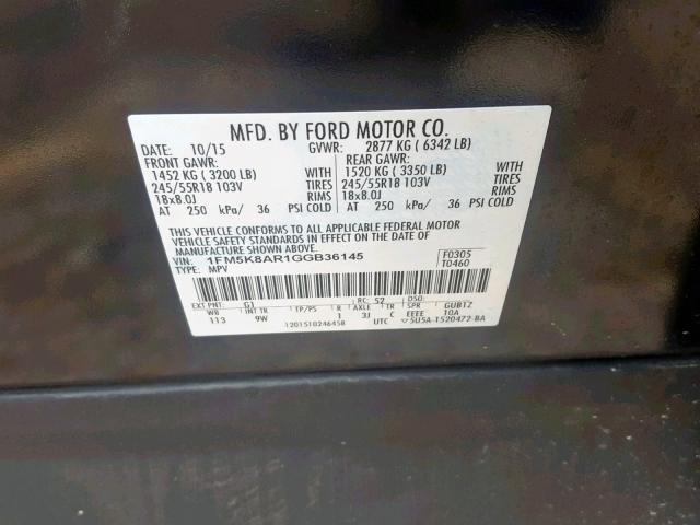 1FM5K8AR1GGB36145 - 2016 FORD EXPLORER P TWO TONE photo 10