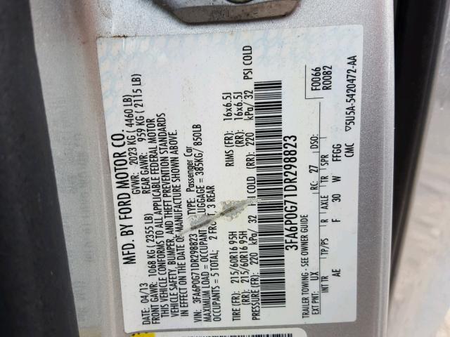 3FA6P0G71DR298823 - 2013 FORD FUSION S SILVER photo 10