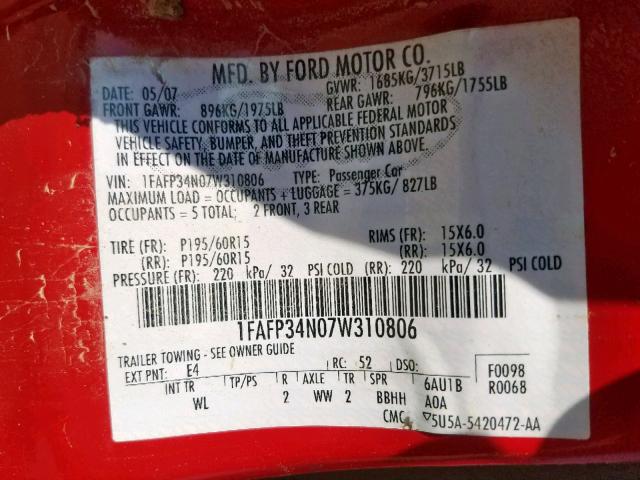 1FAFP34N07W310806 - 2007 FORD FOCUS ZX4 RED photo 10