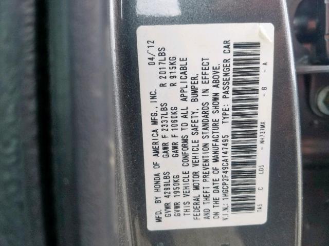 1HGCP2F49CA147495 - 2012 HONDA ACCORD LXP GRAY photo 10