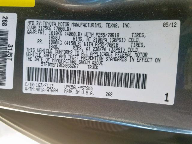 5TFDM5F10CX036267 - 2012 TOYOTA TUNDRA CRE GRAY photo 10