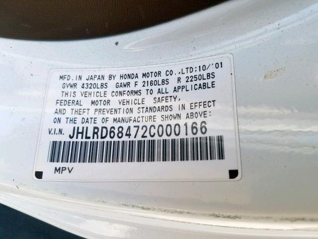 JHLRD68472C000166 - 2002 HONDA CR-V LX WHITE photo 10