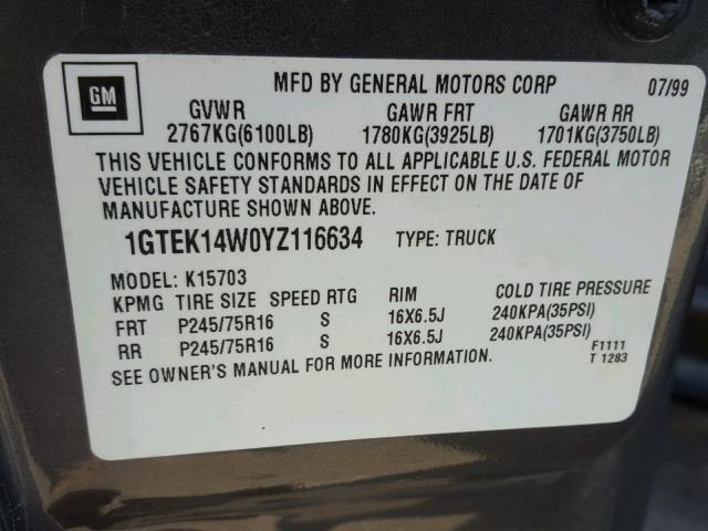 1GTEK14W0YZ116634 - 2000 GMC NEW SIERRA GRAY photo 10