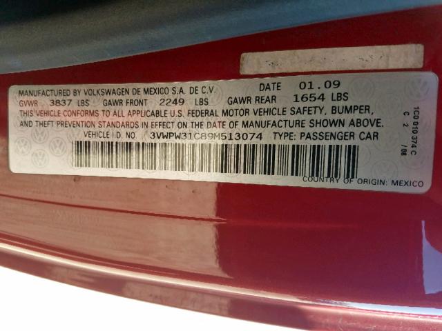 3VWPW31C89M513074 - 2009 VOLKSWAGEN NEW BEETLE წითელი ფოტო 10