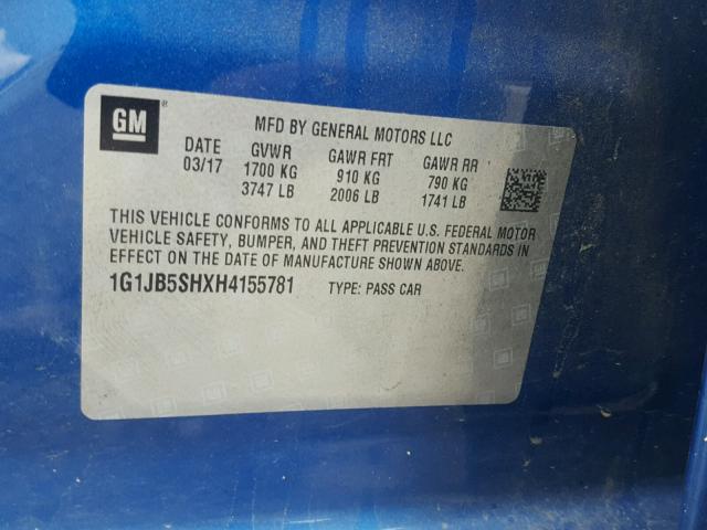 1G1JB5SHXH4155781 - 2017 CHEVROLET SONIC LS BLUE photo 10