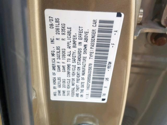 1HGCP26858A005879 - 2008 HONDA ACCORD EXL GOLD photo 10