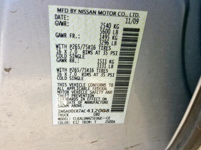 1N6AD0ER7AC412008 - 2010 NISSAN FRONTIER C SILVER photo 10